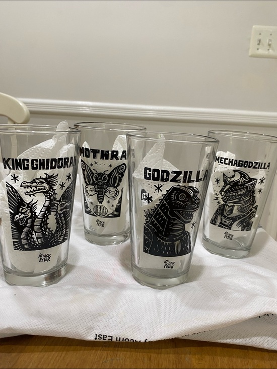 Pabst Blue Ribbon Other - Set of 4 Godzilla Kaiju Illustration Pint Glasses - Clear with Black Artwork.